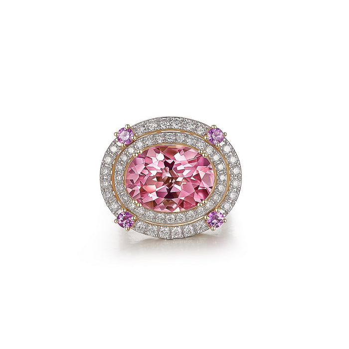 Oval Pink Sapphire Diamond Double Halo Cocktail Ring in 14K Yellow Gold