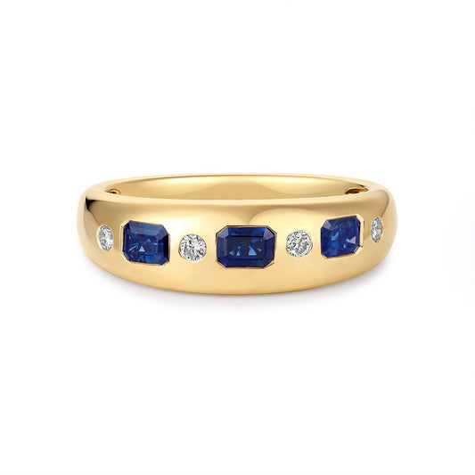 Emerald-Cut Blue Sapphire Diamond Band Ring in 14K Yellow Gold