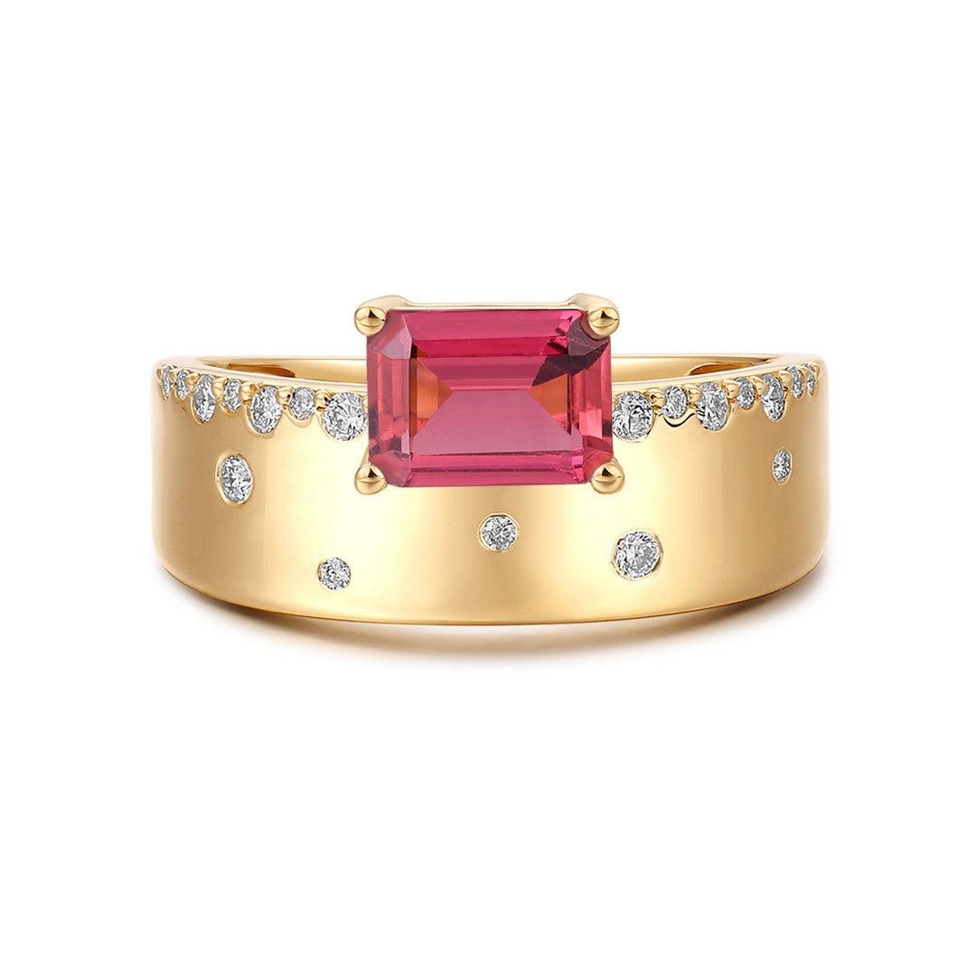 Emerald-Cut Pink Tourmaline Diamond Ring in 14K Yellow Gold