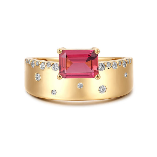 Emerald-Cut Pink Tourmaline Diamond Ring in 14K Yellow Gold
