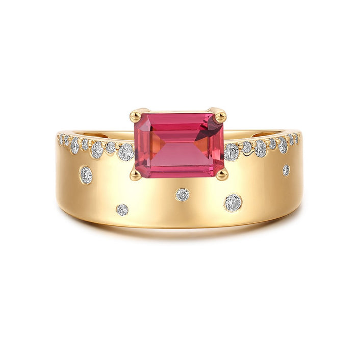 Emerald-Cut Pink Tourmaline Diamond Ring in 14K Yellow Gold