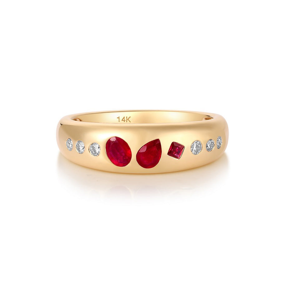 Multi Shape Ruby Diamond Accent Band Ring in 14K Yellow Gold