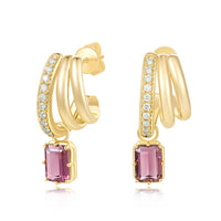 Emerald-Cut Pink Tourmaline Hoop Drop Earrings in 14K Yellow Gold