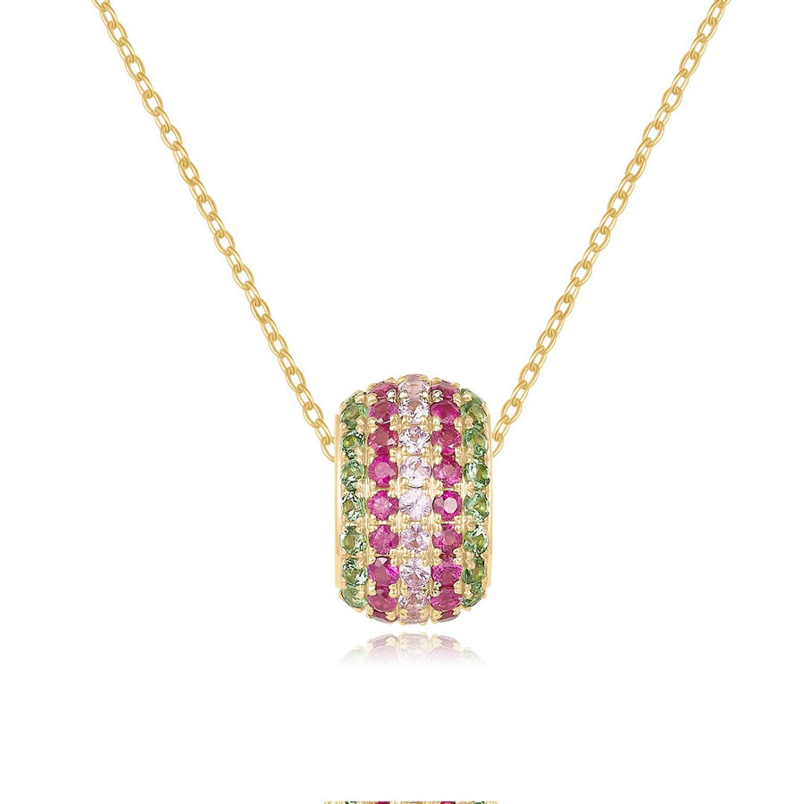 Multicolor Gemstone Pavé Barrel Pendant Necklace in 14K Yellow Gold