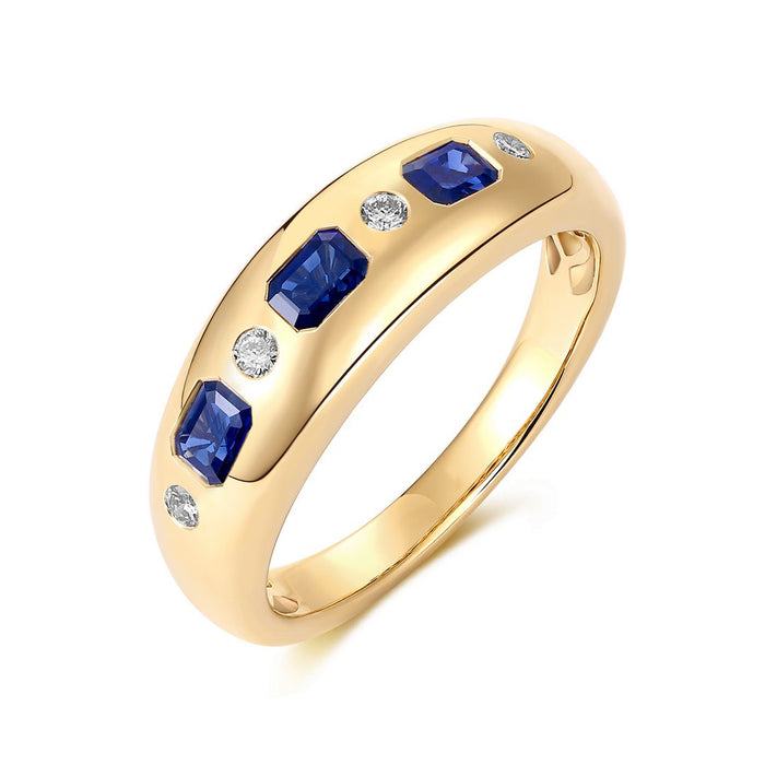 Emerald-Cut Blue Sapphire Diamond Band Ring in 14K Yellow Gold