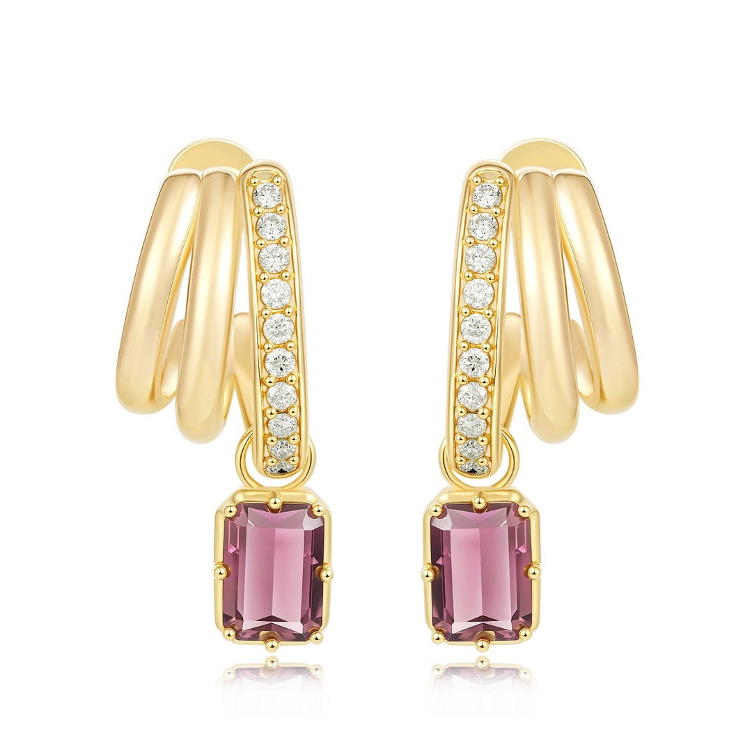 Emerald-Cut Pink Tourmaline Hoop Drop Earrings in 14K Yellow Gold