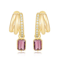 Emerald-Cut Pink Tourmaline Hoop Drop Earrings in 14K Yellow Gold