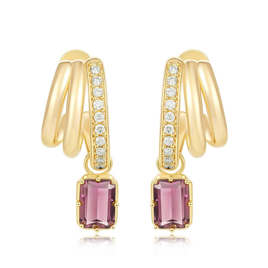 Emerald-Cut Pink Tourmaline Hoop Drop Earrings in 14K Yellow Gold