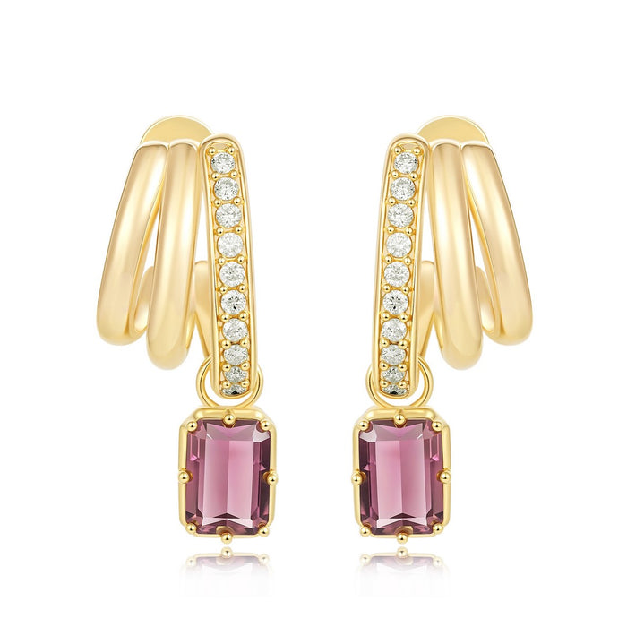Emerald-Cut Pink Tourmaline Hoop Drop Earrings in 14K Yellow Gold