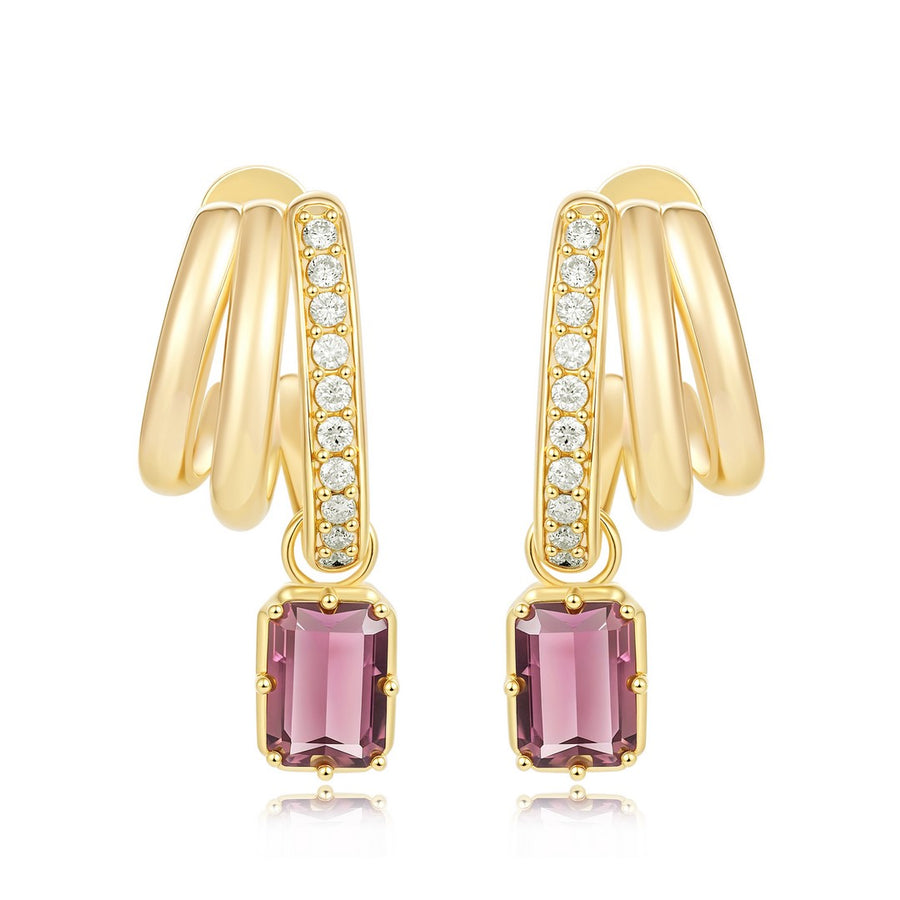 Emerald-Cut Pink Tourmaline Hoop Drop Earrings in 14K Yellow Gold