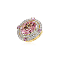 Oval Pink Sapphire Diamond Double Halo Cocktail Ring in 14K Yellow Gold