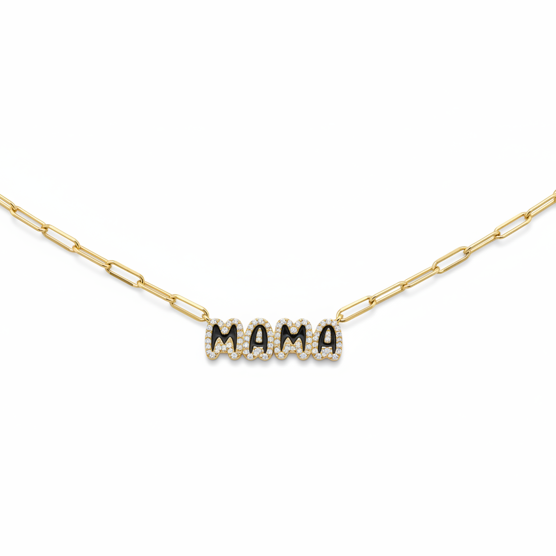 Mama Letter Pendant Diamond Paperclip Necklace in 14K Gold