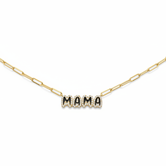 Mama Letter Pendant Diamond Paperclip Necklace in 14K Gold