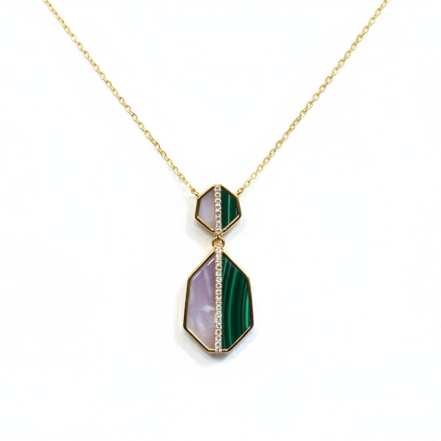 Malachite & Mother Pearl Pendant Necklace in 14K Yellow Gold