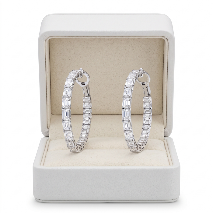 Radiant Hoop Emerald Cut Diamond Earrings in 18K White Gold