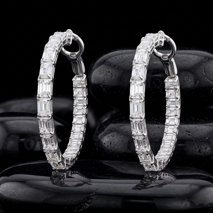 Radiant Hoop Emerald Cut Diamond Earrings in 18K White Gold