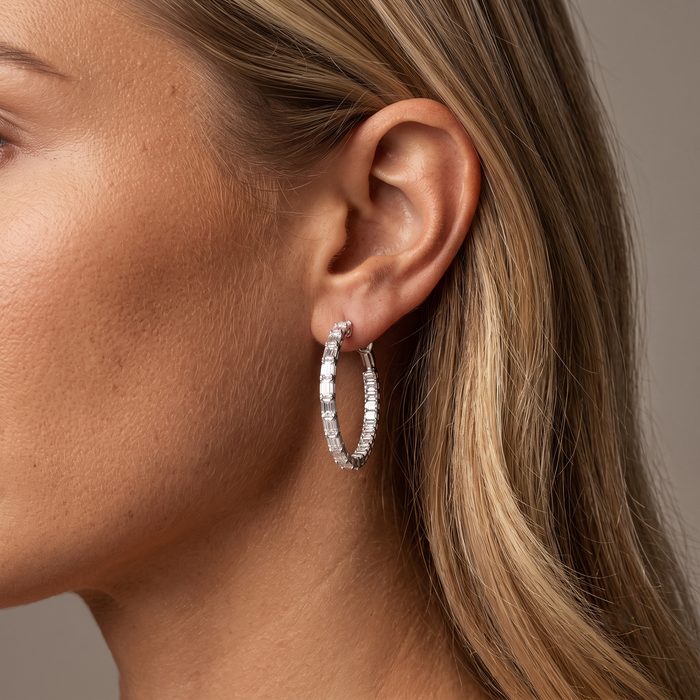 Radiant Hoop Emerald Cut Diamond Earrings in 18K White Gold