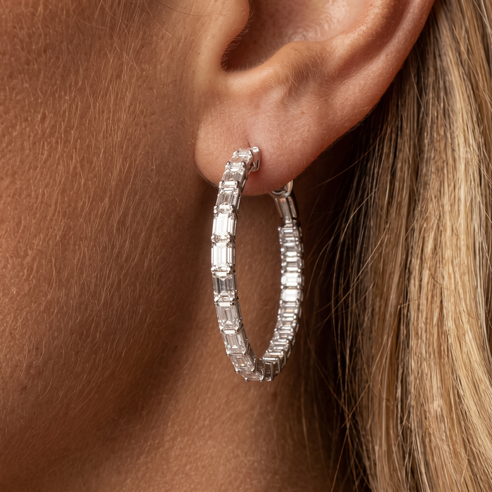 Radiant Hoop Emerald Cut Diamond Earrings in 18K White Gold