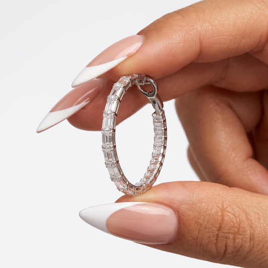 Radiant Hoop Emerald Cut Diamond Earrings in 18K White Gold