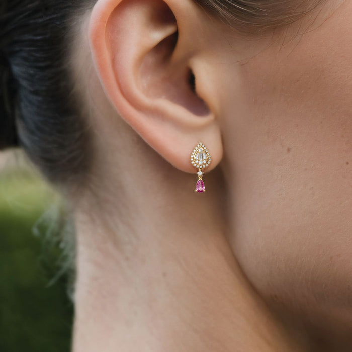 Pear Shape Radiant Drop Earrings in 14K Yellow Gold