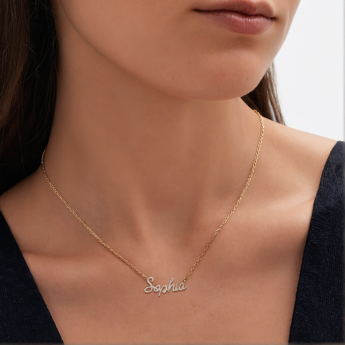 Personalised Bella Script Diamond Necklace in 14K Yellow Gold