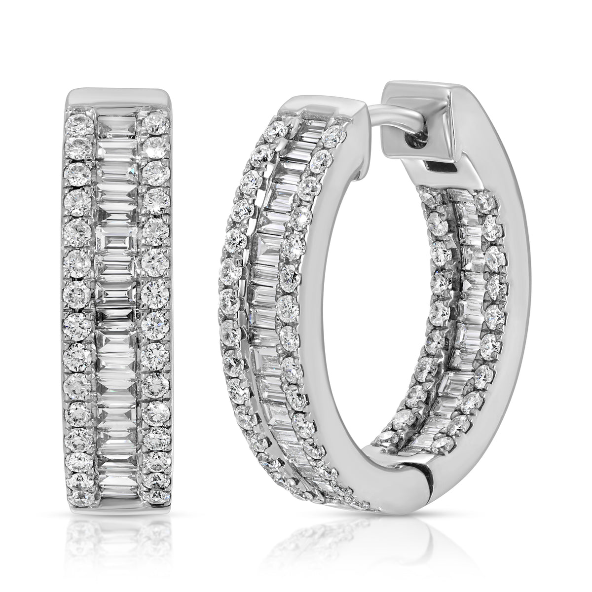 Pave Baguette Diamond Huggie Hoop Earrings in 14K White Gold