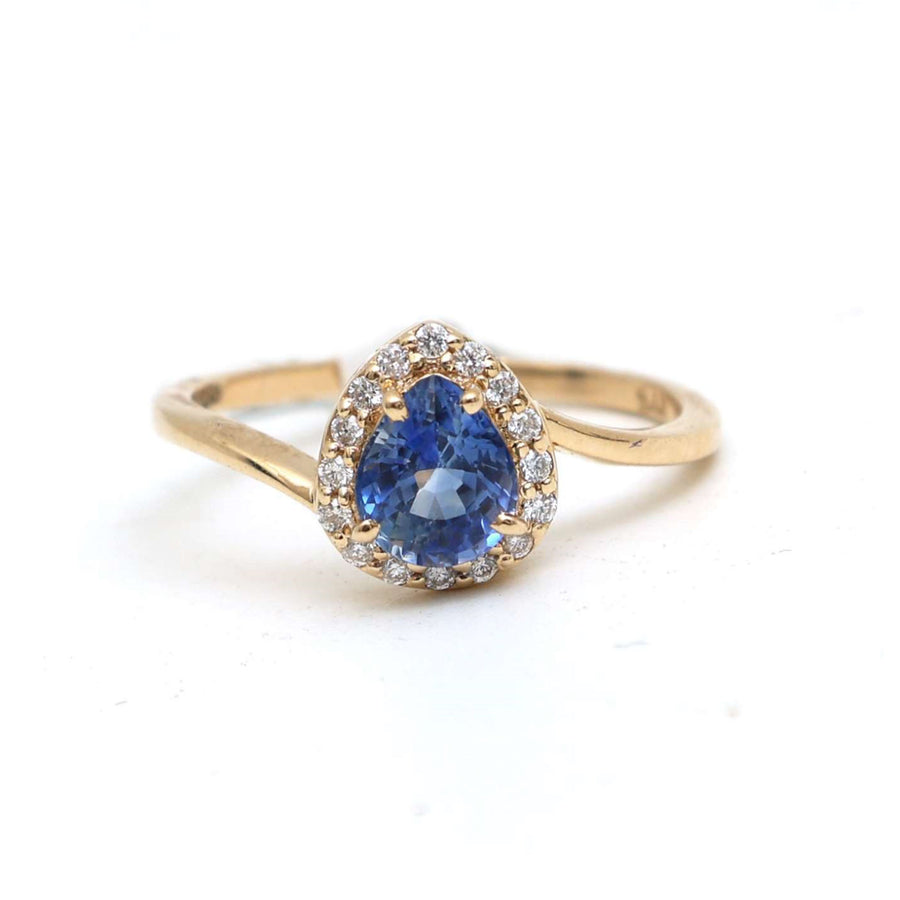 Pear Blue Sapphire 14K Diamond Halo Ring