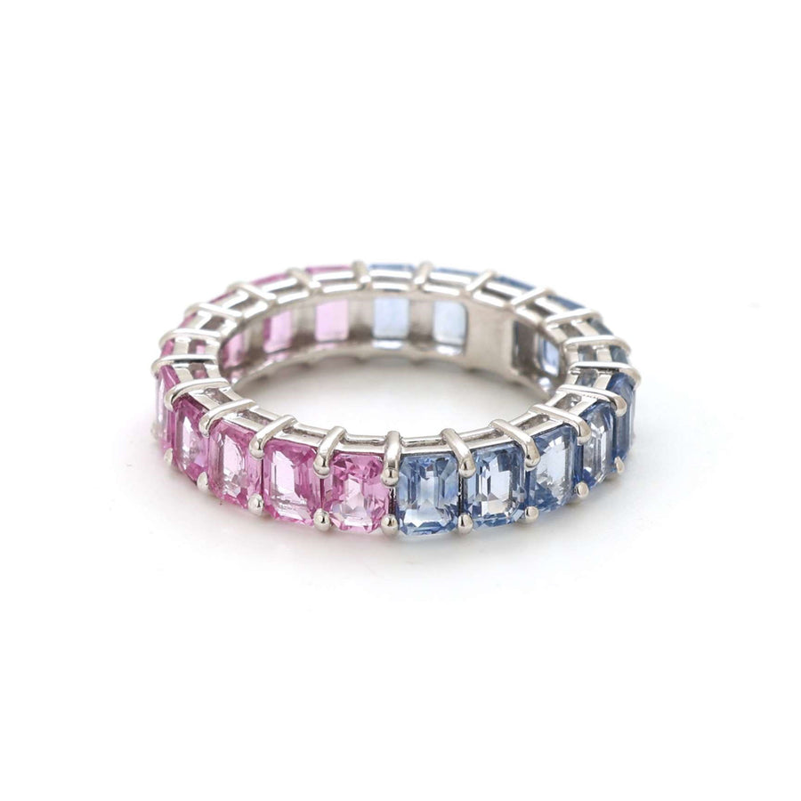 Pink & Blue Sapphire Emerald-Cut Eternity Ring in 14K White Gold