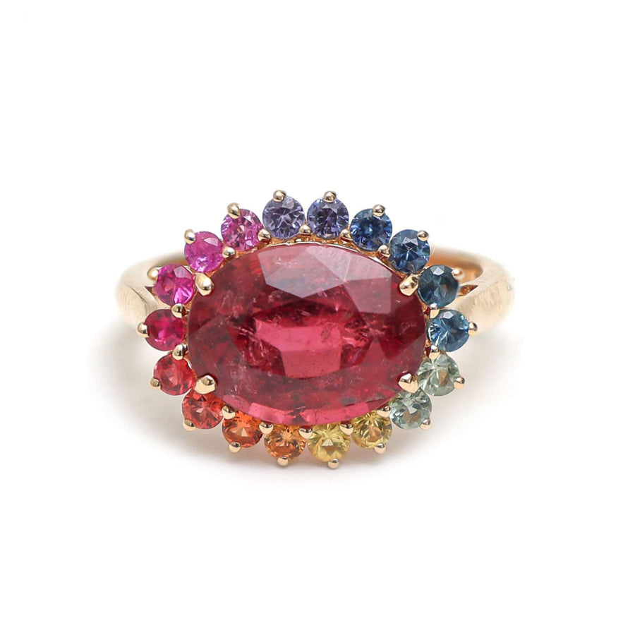 Multi-Color Pink Sapphire Halo 14K Gold Ring