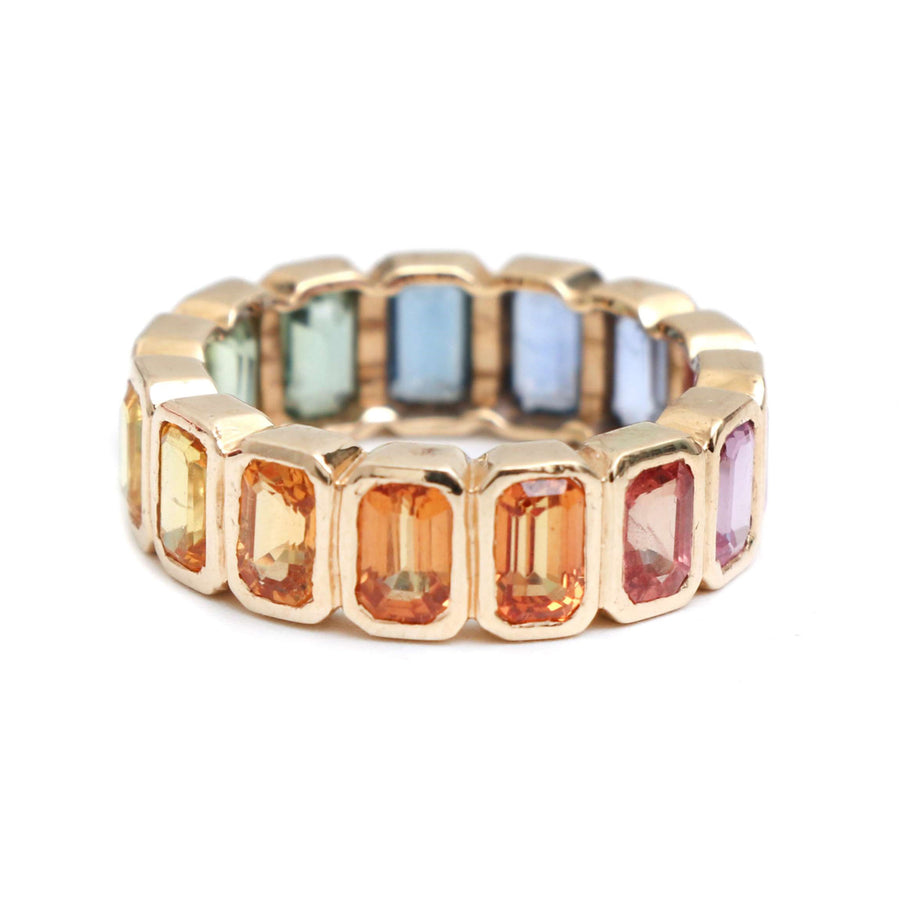 Multi-Color Emerald-Cut Gemstone 14K Gold Band Ring
