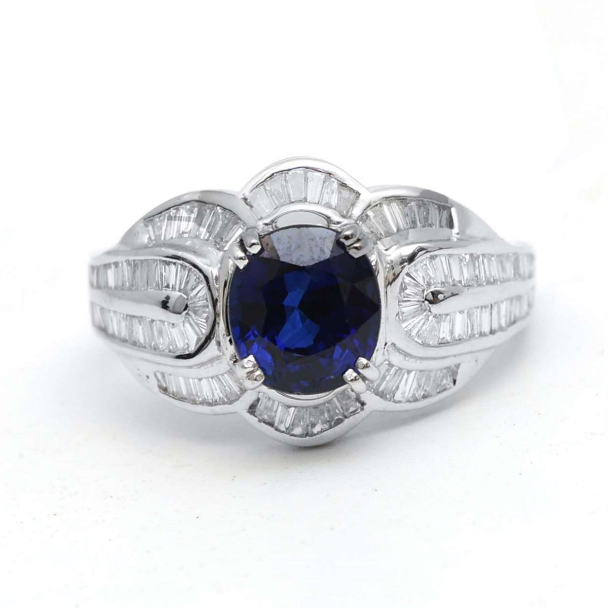 Royal Blue Sapphire Baguette Diamond Ring in 14K White Gold