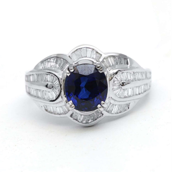 Royal Blue Sapphire Baguette Diamond Ring in 14K White Gold