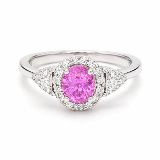 Elegant Oval Pink 14K Sapphire Diamond Halo Ring