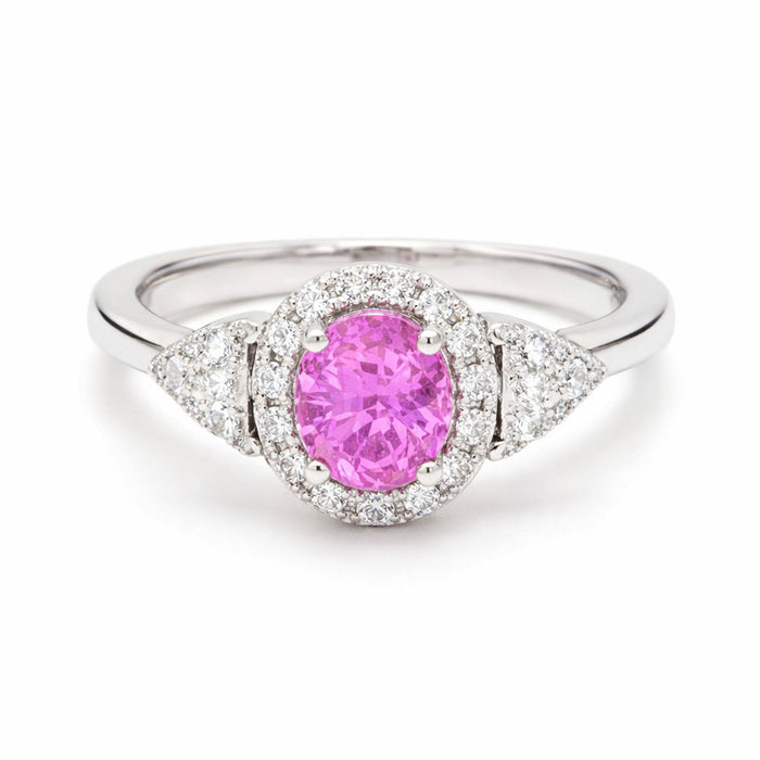 Elegant Oval Pink 14K Sapphire Diamond Halo Ring
