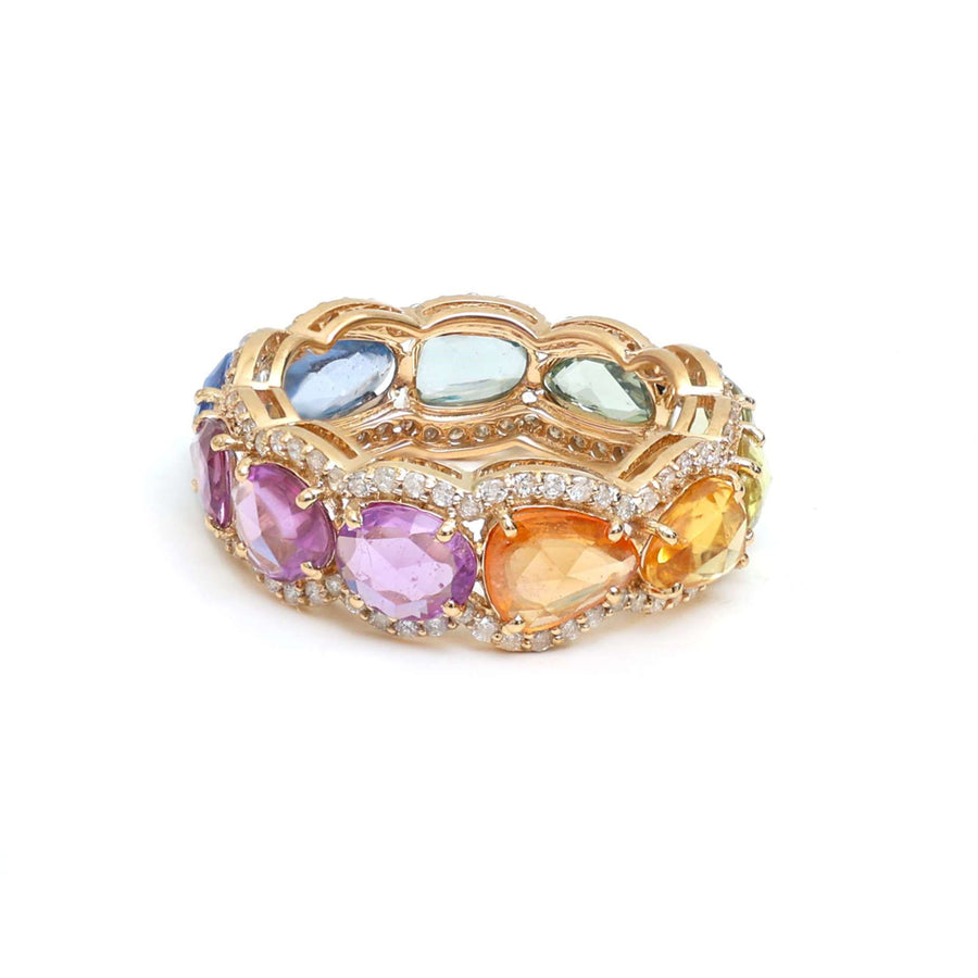 Multi-Color Gemstone 14K Gold Diamond Band Ring