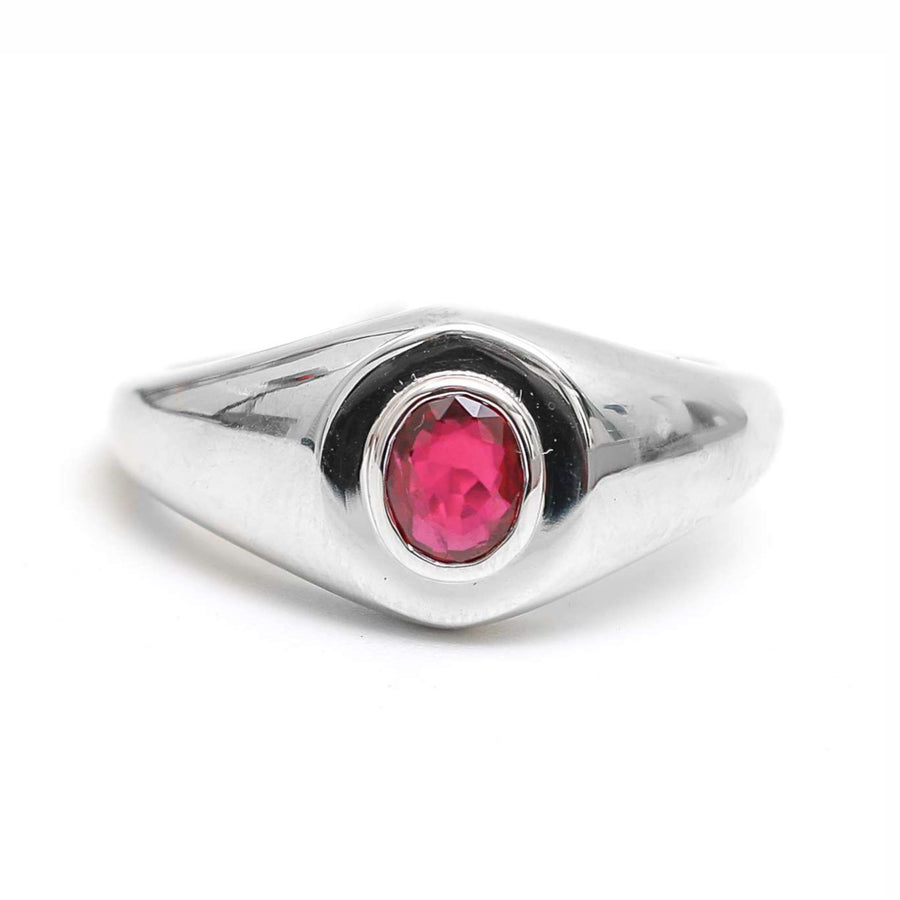 Oval Ruby Bezel Signet Ring in 14K White Gold