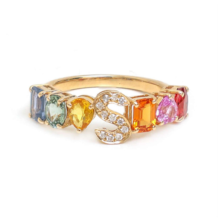 Multi-Color Gemstone 14K Gold "s" Initial Ring