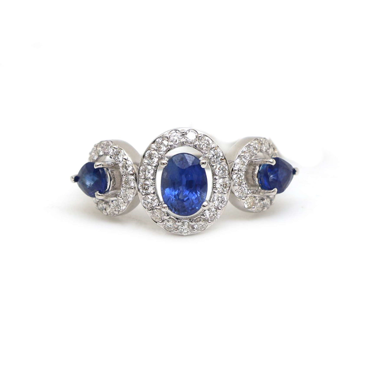 Triple Blue Sapphire Diamond Halo Ring in 14K White Gold