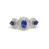 Triple Blue Sapphire 14K White Gold (18K Custom) Diamond Halo Ring
