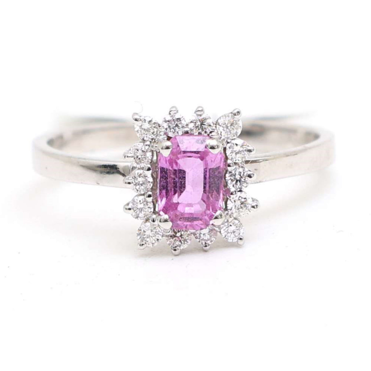 Pink Sapphire Emerald-Cut Diamond Halo Ring in 14K White Gold