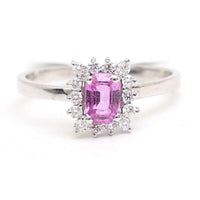 Pink Sapphire Emerald-Cut Diamond Halo Ring in 14K White Gold