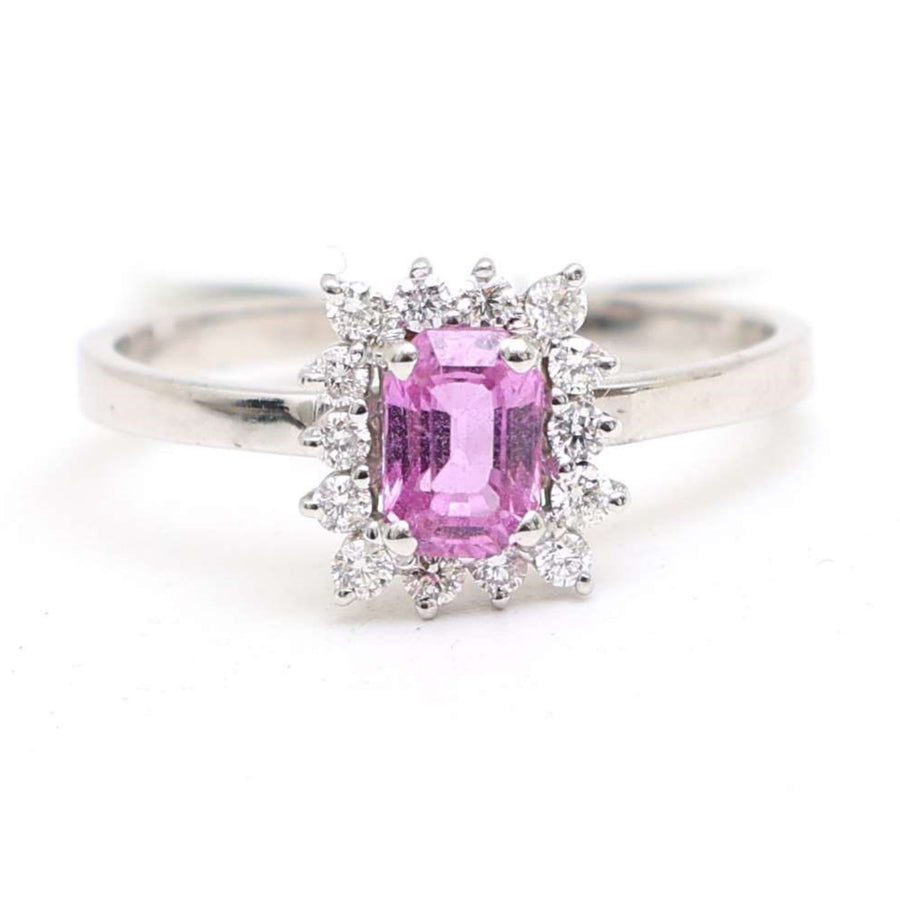Pink Sapphire Emerald-Cut Diamond Halo Ring in 14K White Gold