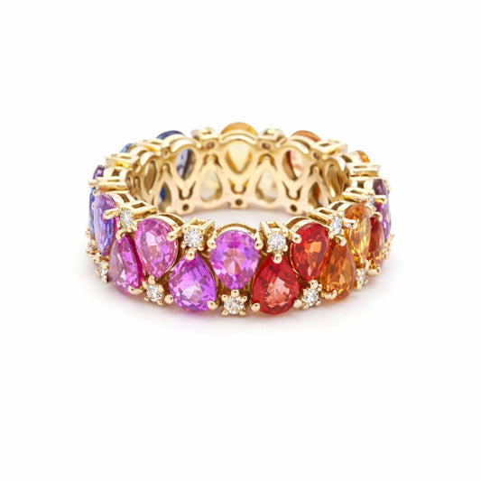 Pear-Cut Rainbow Sapphire 14K Diamond Eternity Ring