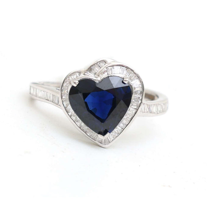 Heart-Cut Blue Sapphire Diamond Halo Ring in 14K White Gold
