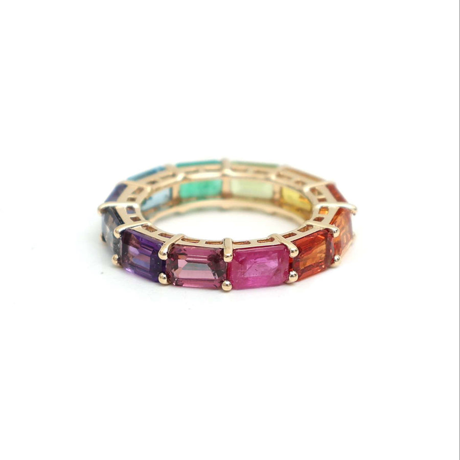 Colorful Sapphire Baguette 14K Gold Eternity Ring