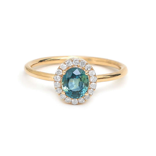 Oval Blue Sapphire Diamond Halo 14K Gold Ring