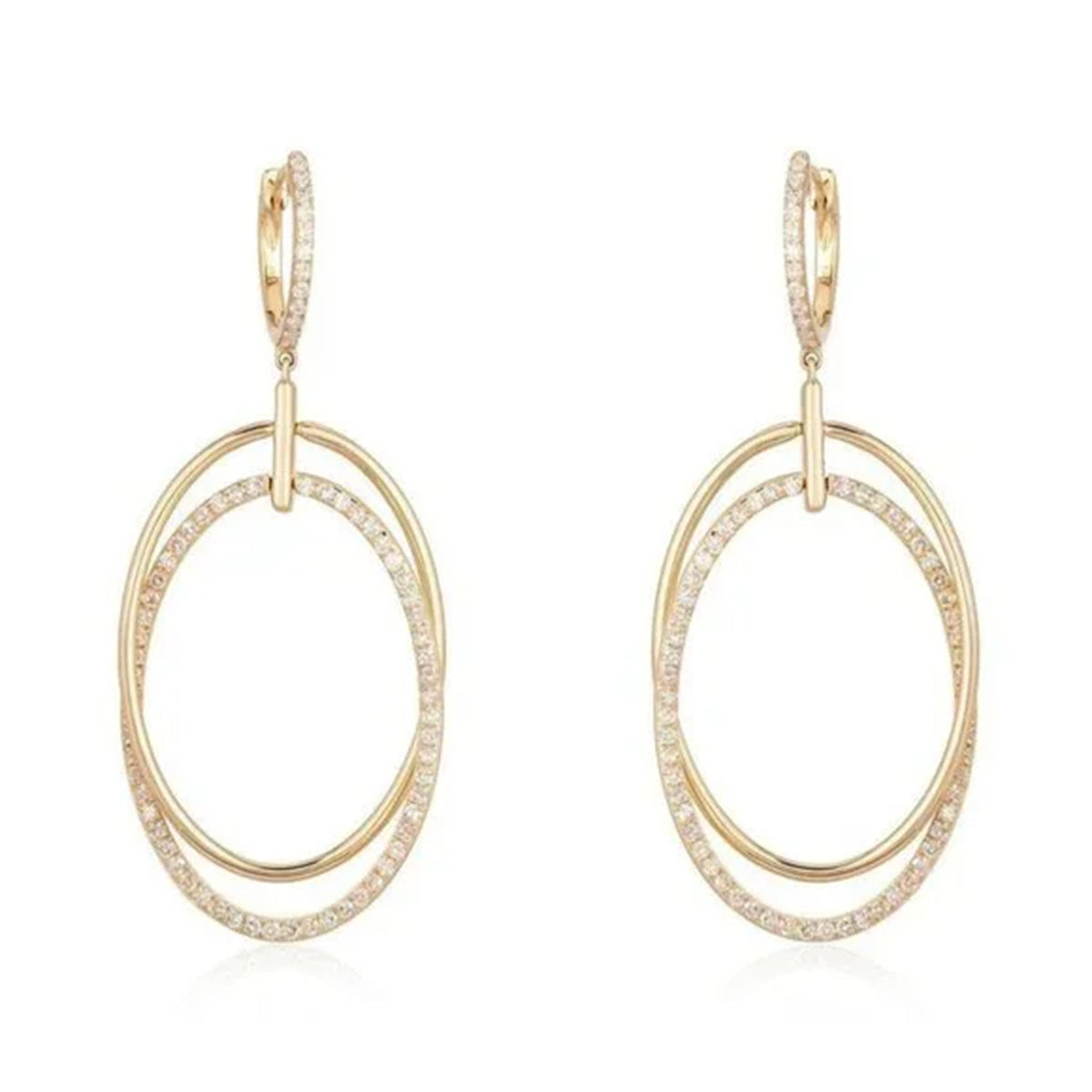Double Oval Drop Pave Diamond Earrings in 14K Yellow Gold