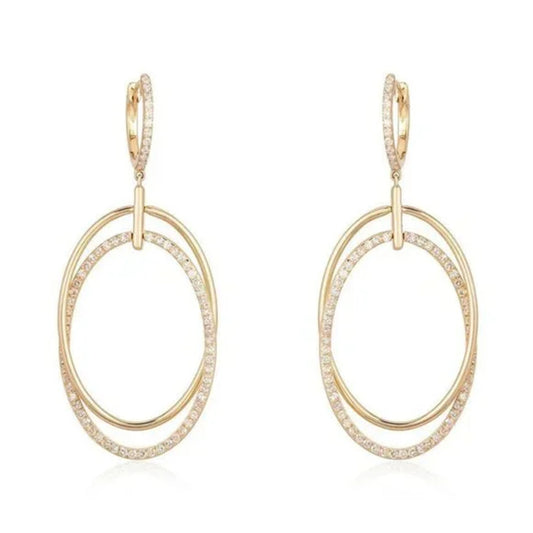 Double Oval Drop Pave Diamond Earrings in 14K Yellow Gold