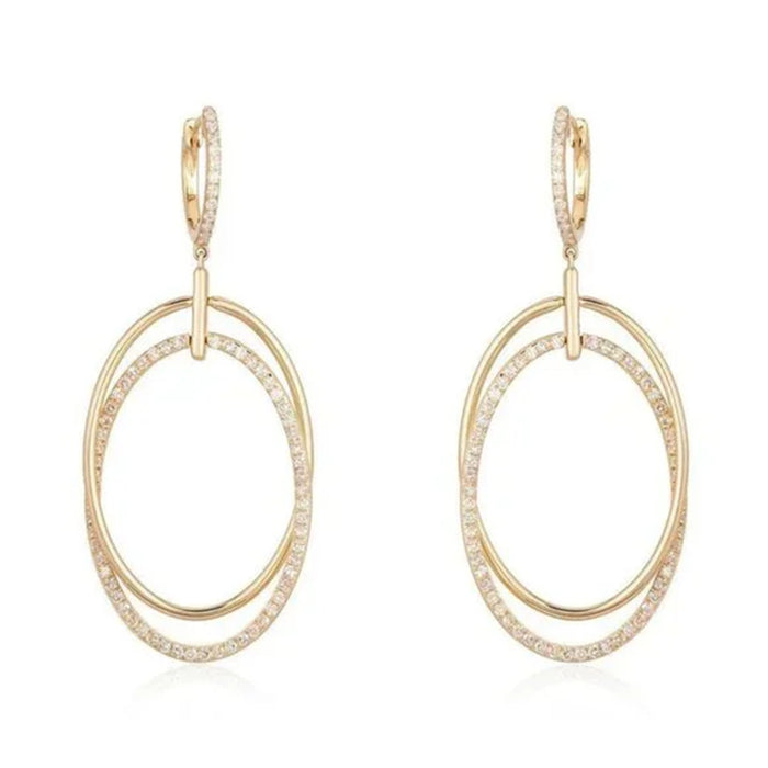 Double Oval Drop Pave Diamond Earrings in 14K Yellow Gold