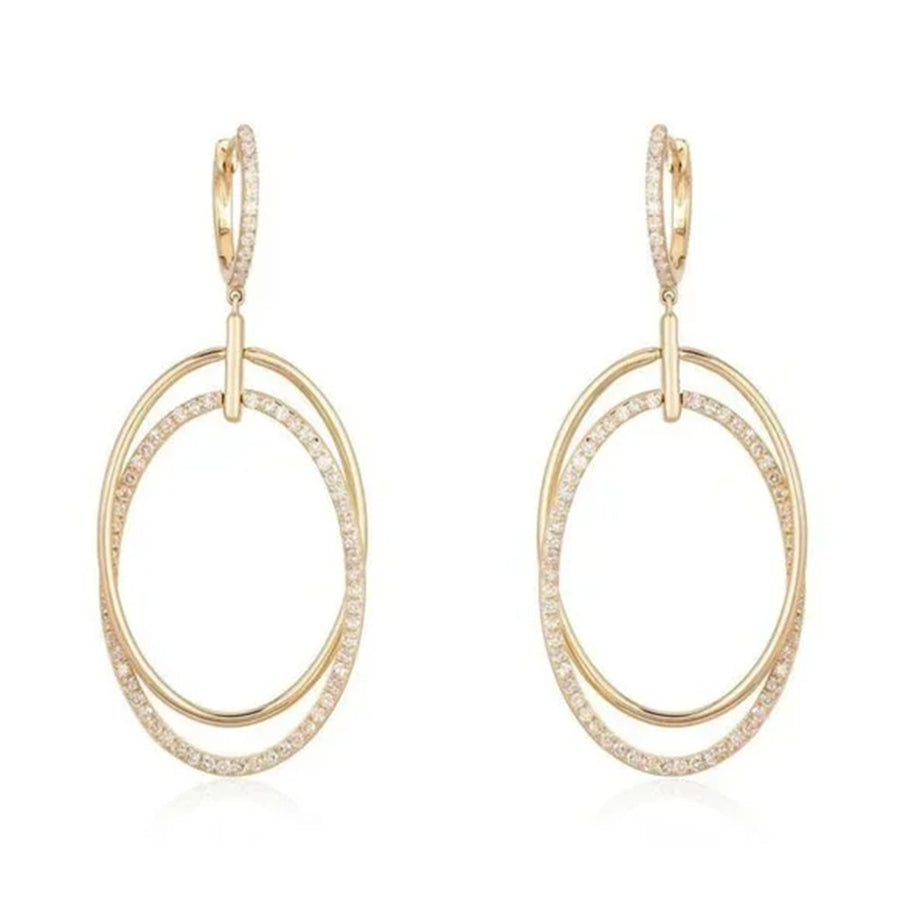 Double Oval Drop Pave Diamond Earrings in 14K Yellow Gold